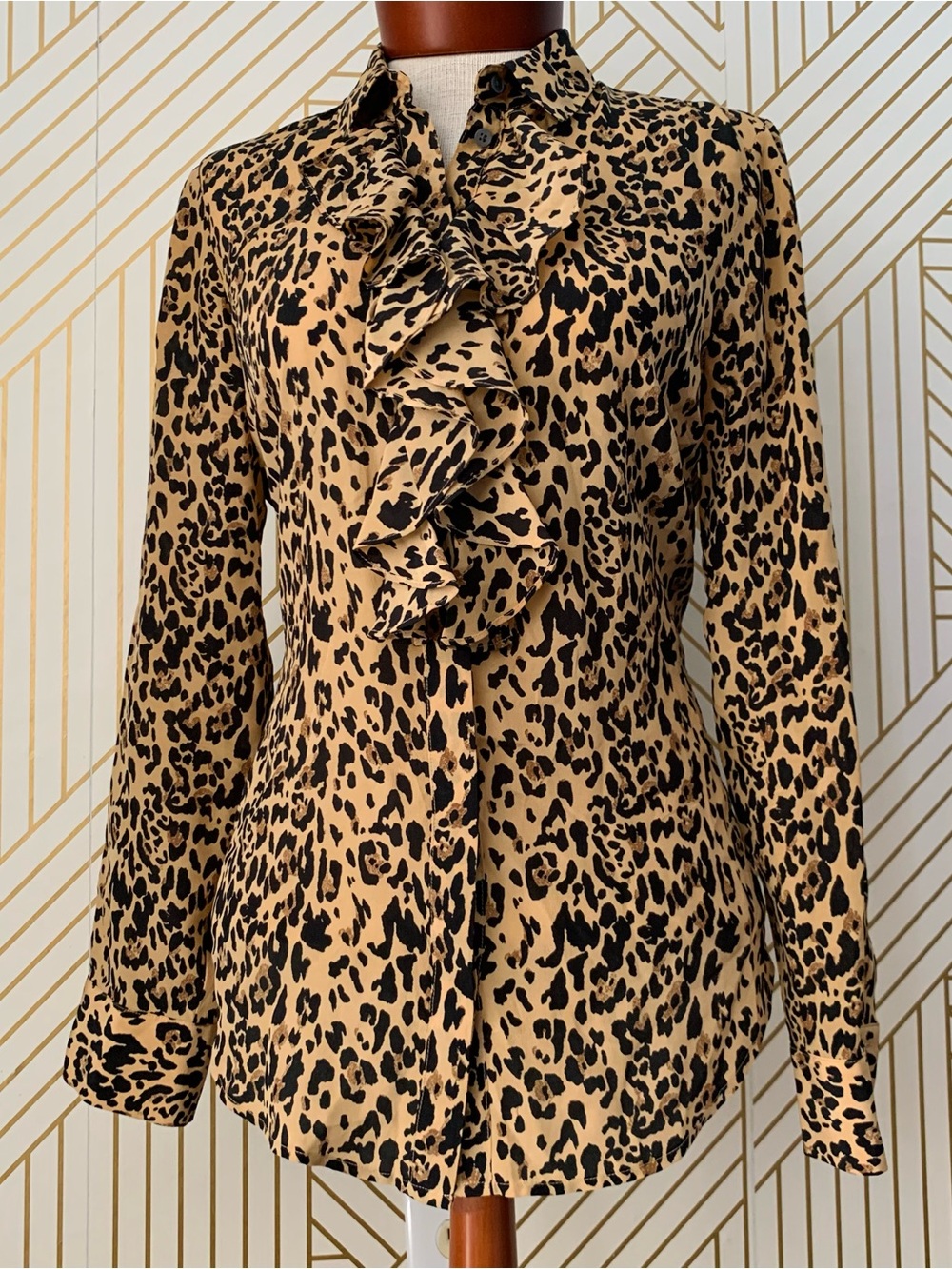 J CREW 100% Silk Cheetah Print ruffle flutter neck Button Down Top button up 4